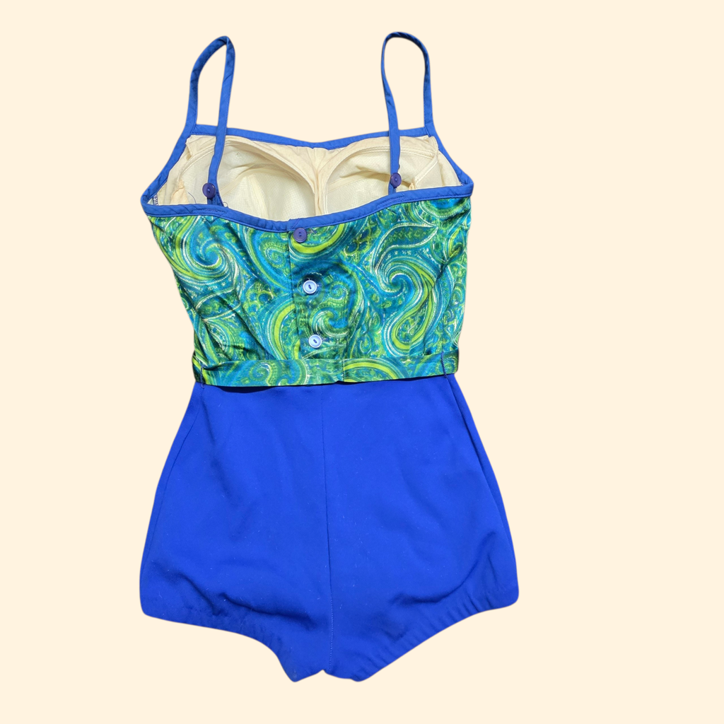 1960s Green and Blue Paisley One Piece Swimsuit ~ Small ~ Malliot Bathing Suit Psychedelic