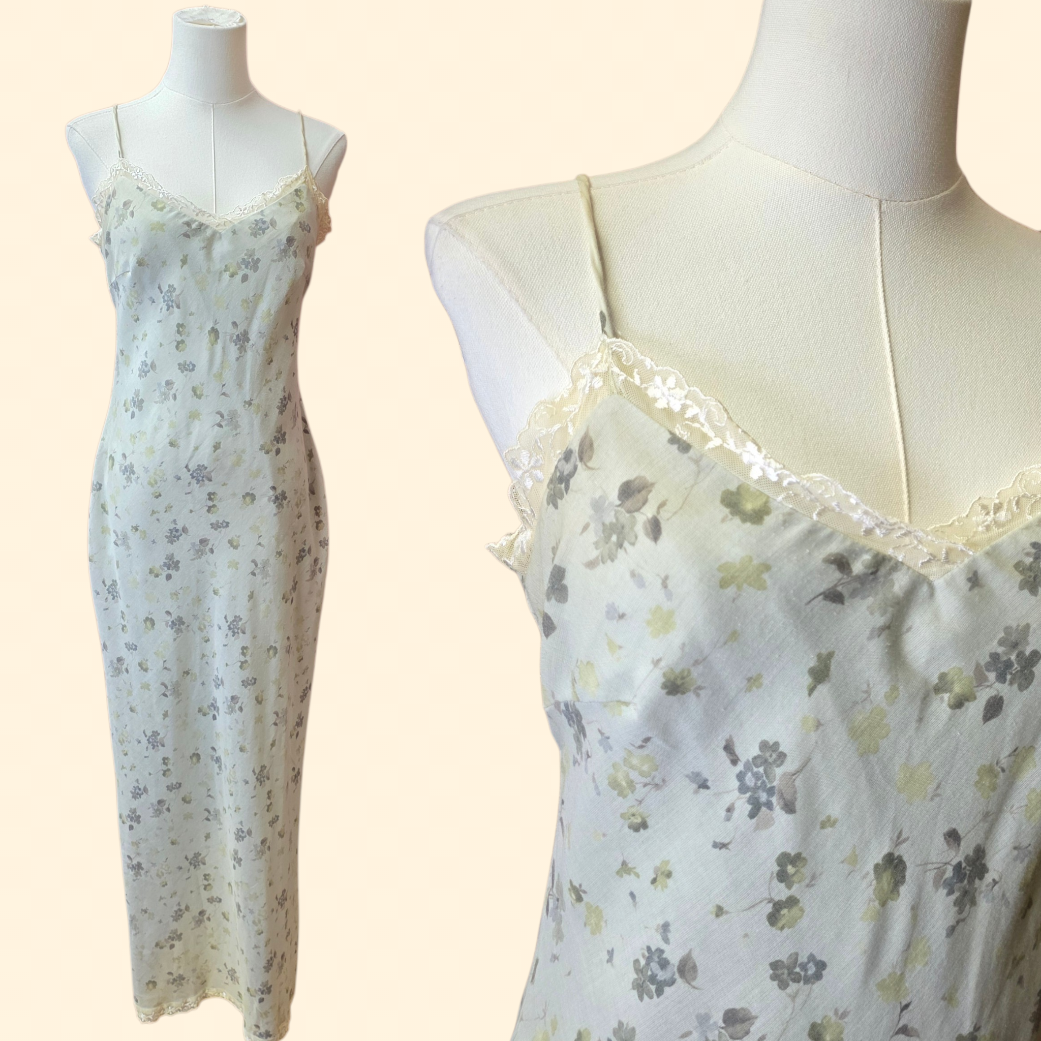 1990s Sage Green Floral Slip Dress ~ Small Medium ~ Boho Maxi Dress