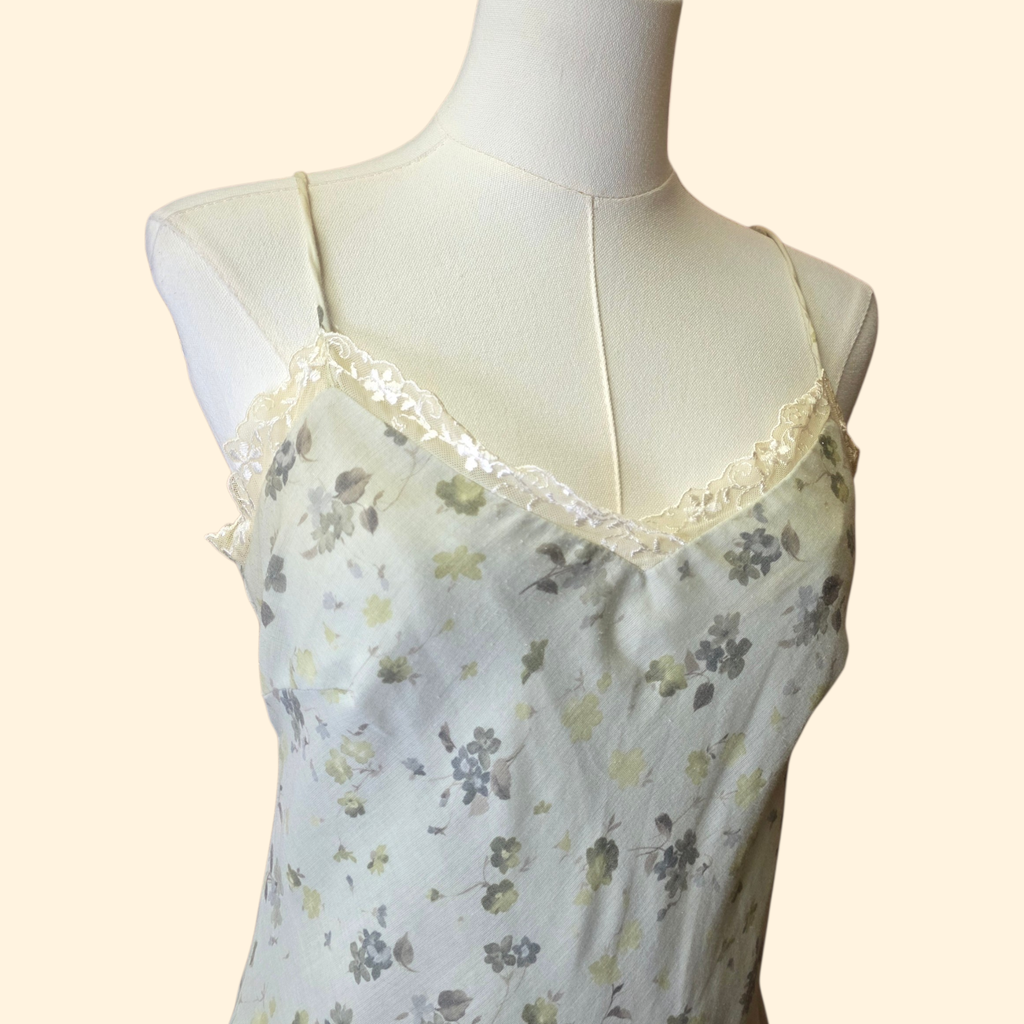 1990s Sage Green Floral Slip Dress ~ Small Medium ~ Boho Maxi Dress