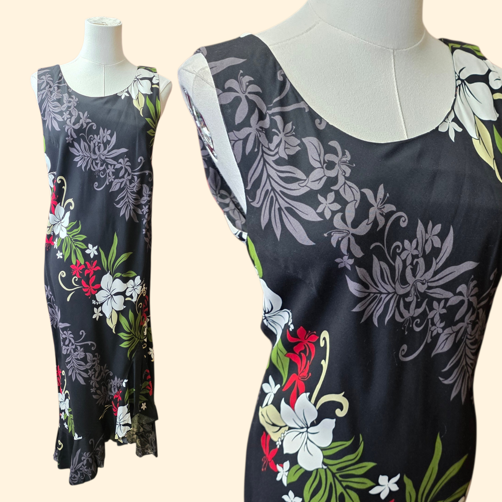 1990s Black Floral Hawaiian Maxi Dress ~ Small ~ Asymmetrical Mermaid Hem