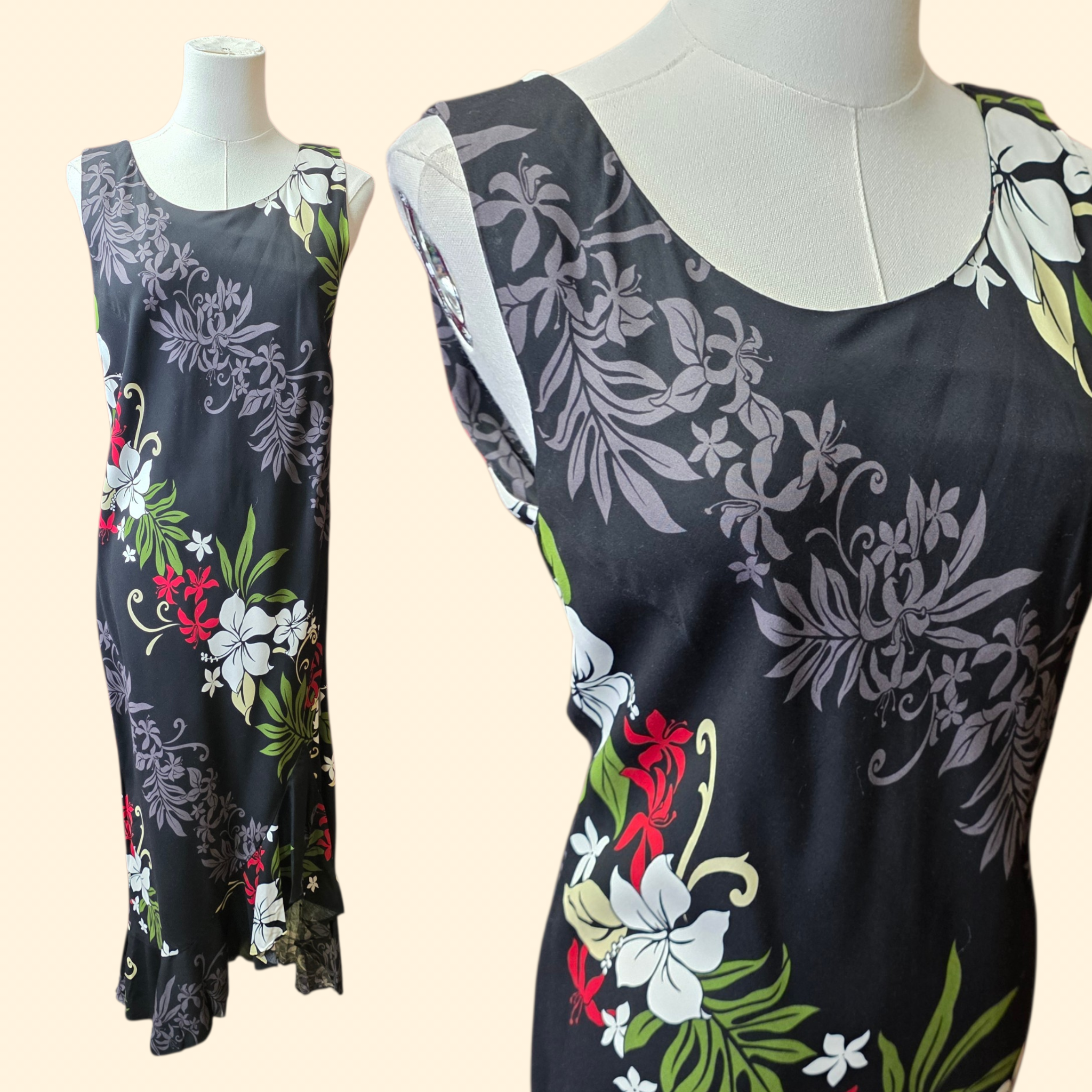 1990s Black Floral Hawaiian Maxi Dress ~ Small ~ Asymmetrical Mermaid Hem