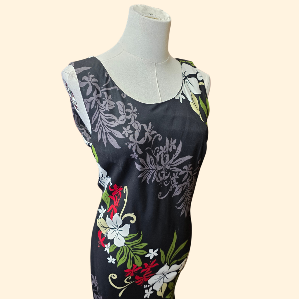 1990s Black Floral Hawaiian Maxi Dress ~ Small ~ Asymmetrical Mermaid Hem