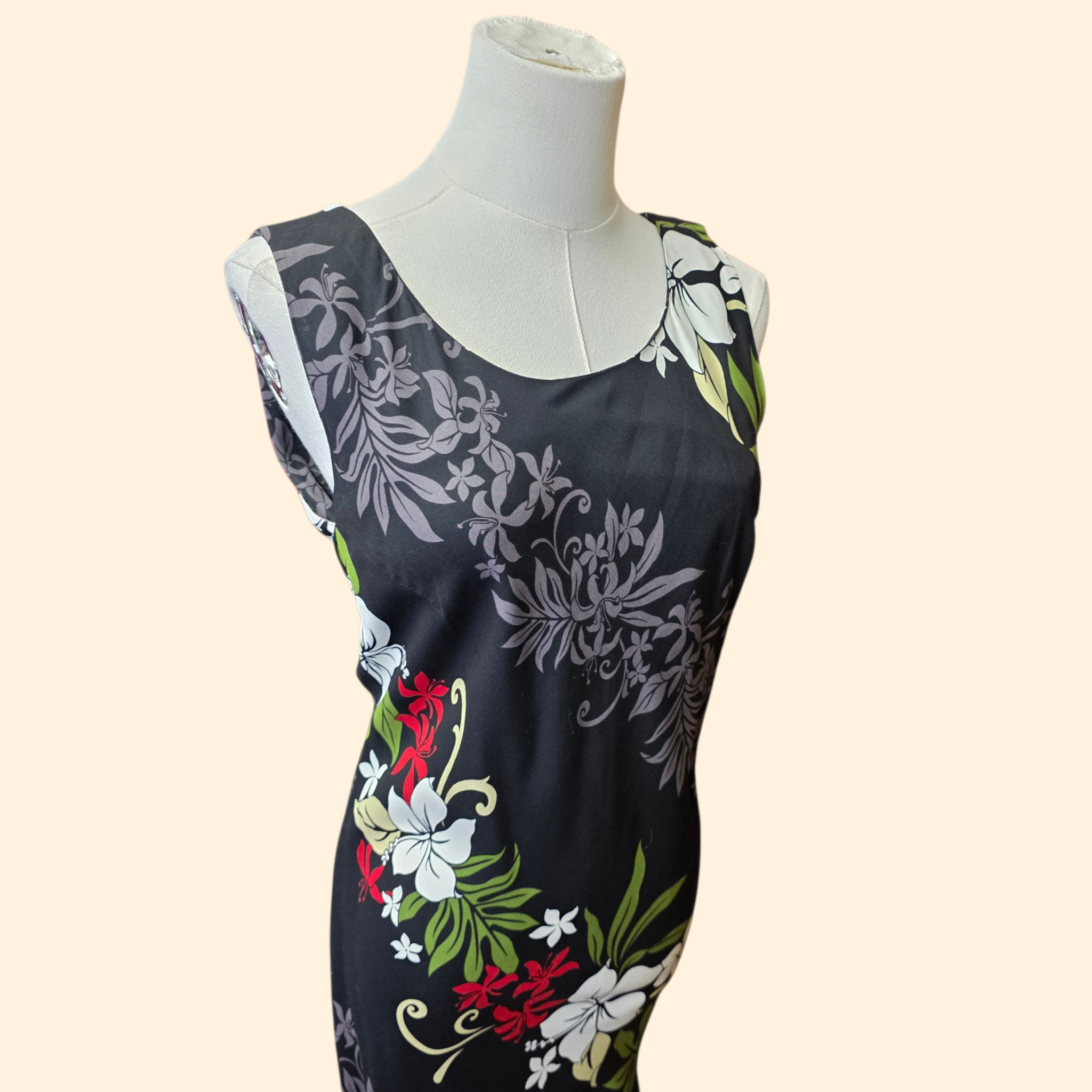 1990s Black Floral Hawaiian Maxi Dress ~ Small ~ Asymmetrical Mermaid Hem