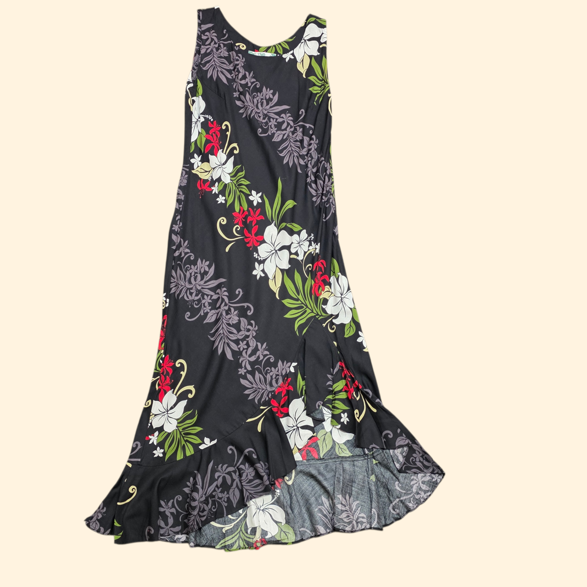 1990s Black Floral Hawaiian Maxi Dress ~ Small ~ Asymmetrical Mermaid Hem