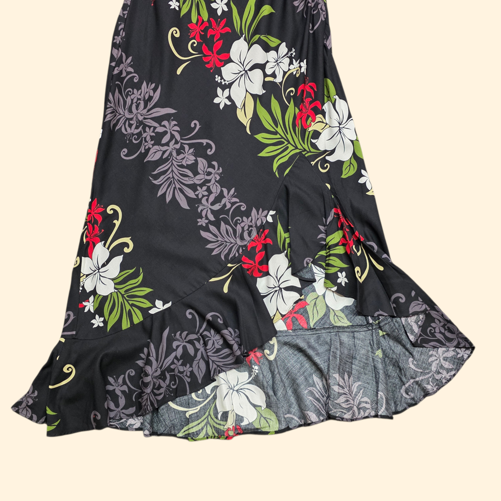 1990s Black Floral Hawaiian Maxi Dress ~ Small ~ Asymmetrical Mermaid Hem