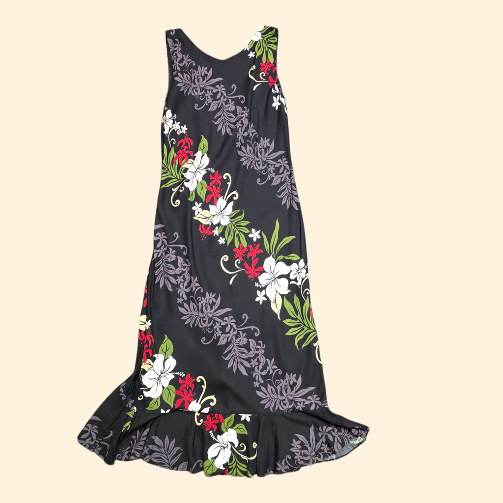 1990s Black Floral Hawaiian Maxi Dress ~ Small ~ Asymmetrical Mermaid Hem