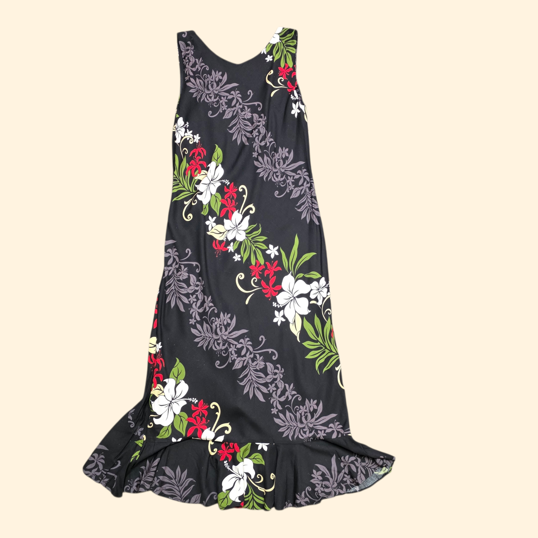 1990s Black Floral Hawaiian Maxi Dress ~ Small ~ Asymmetrical Mermaid Hem