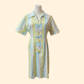1950s Pastel Stripe House Dress ~ Large ~ Midi Cotton Green Blue Purple