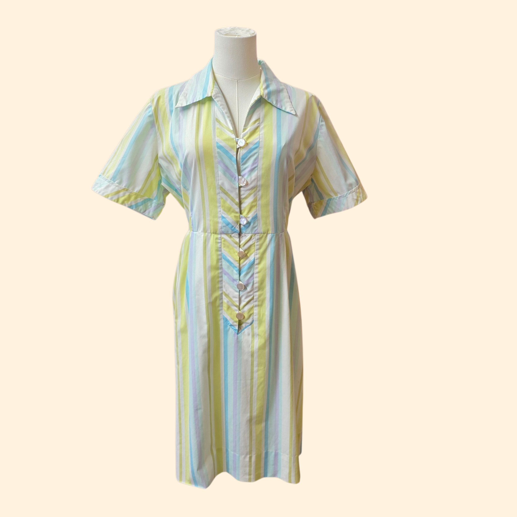 1950s Pastel Stripe House Dress ~ Large ~ Midi Cotton Green Blue Purple