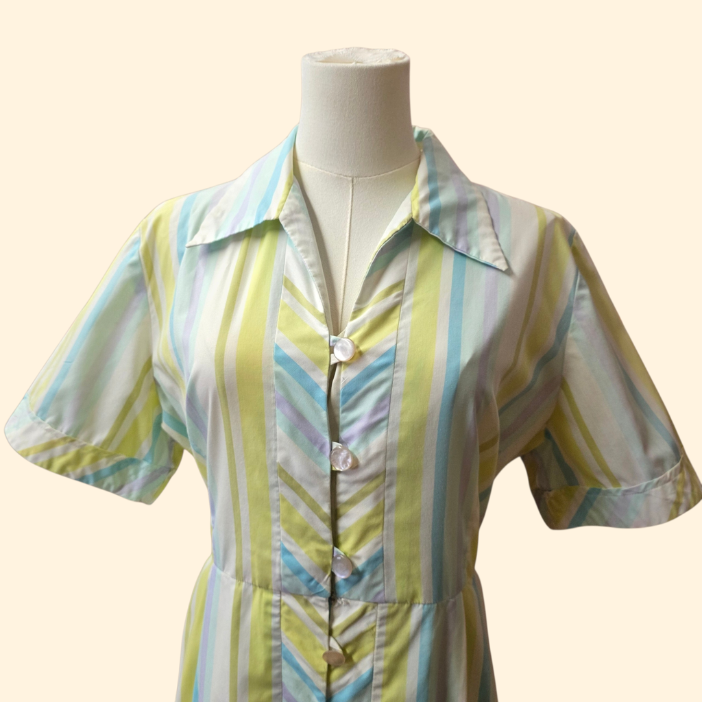 1950s Pastel Stripe House Dress ~ Large ~ Midi Cotton Green Blue Purple