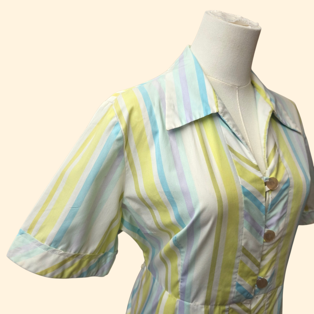 1950s Pastel Stripe House Dress ~ Large ~ Midi Cotton Green Blue Purple