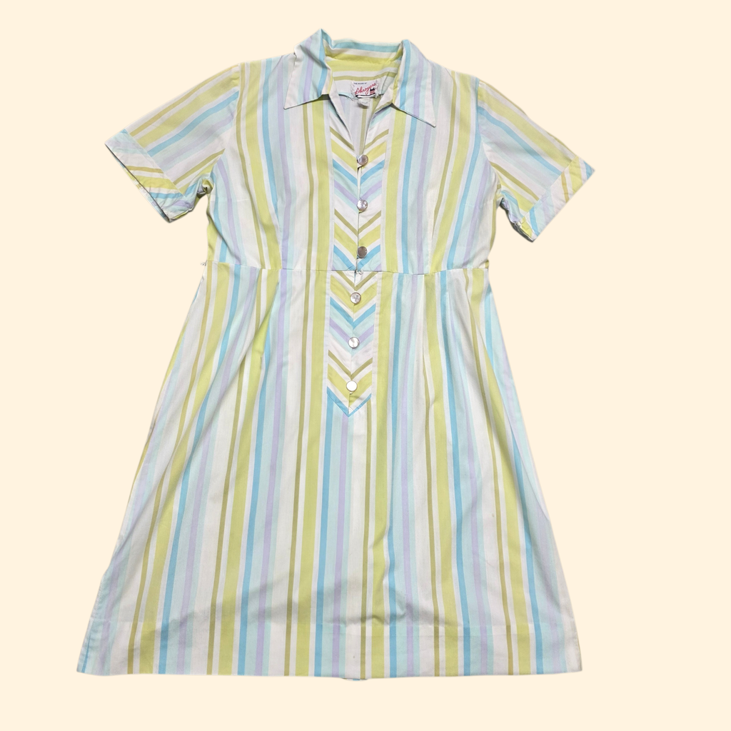 1950s Pastel Stripe House Dress ~ Large ~ Midi Cotton Green Blue Purple