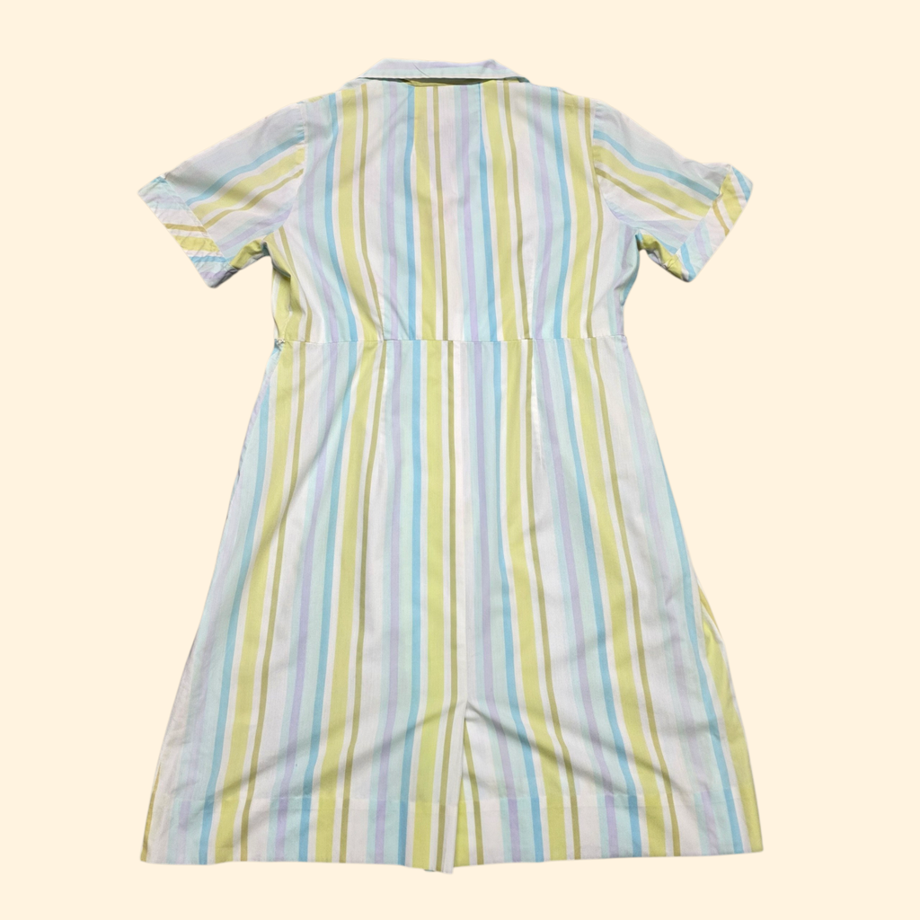 1950s Pastel Stripe House Dress ~ Large ~ Midi Cotton Green Blue Purple