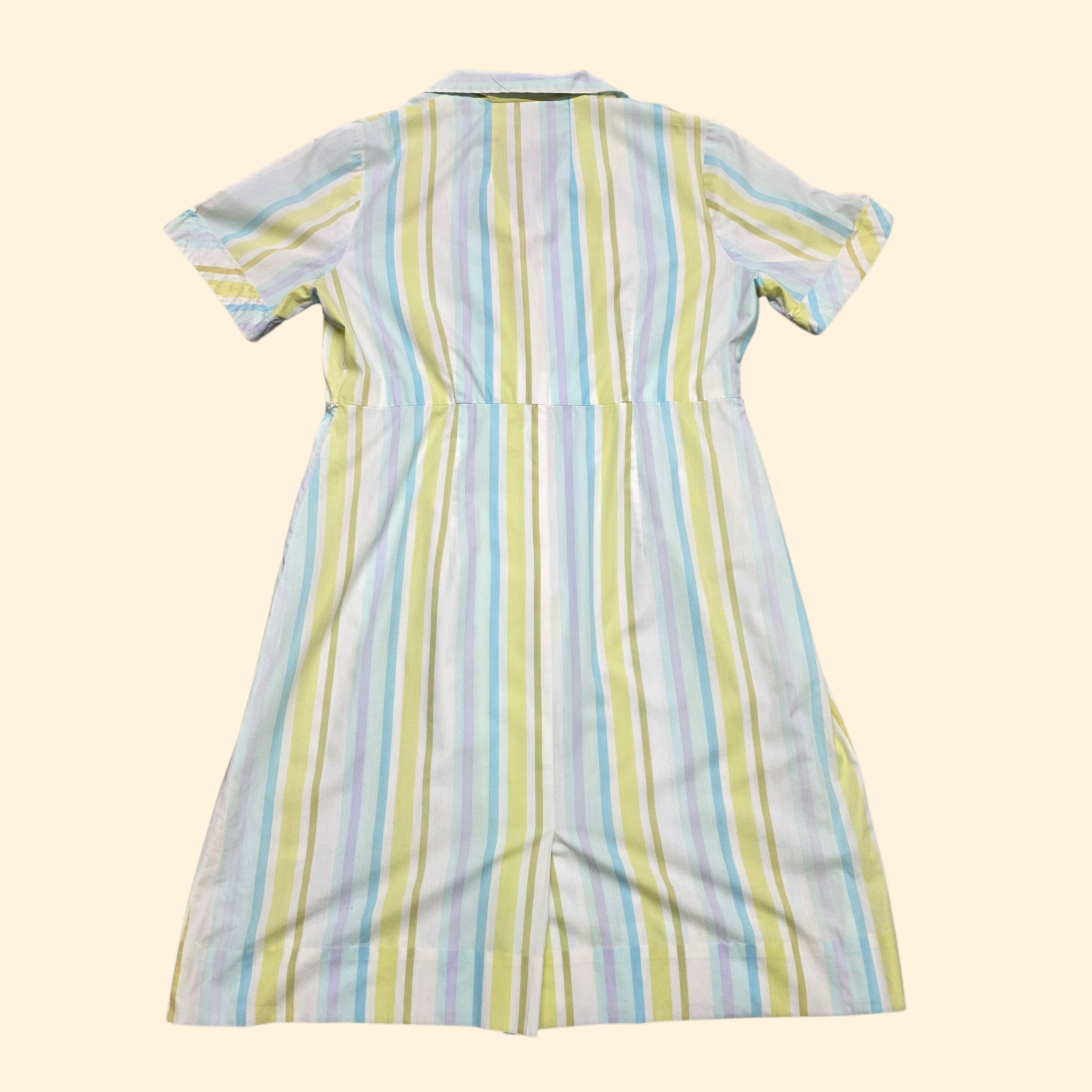 1950s Pastel Stripe House Dress ~ Large ~ Midi Cotton Green Blue Purple
