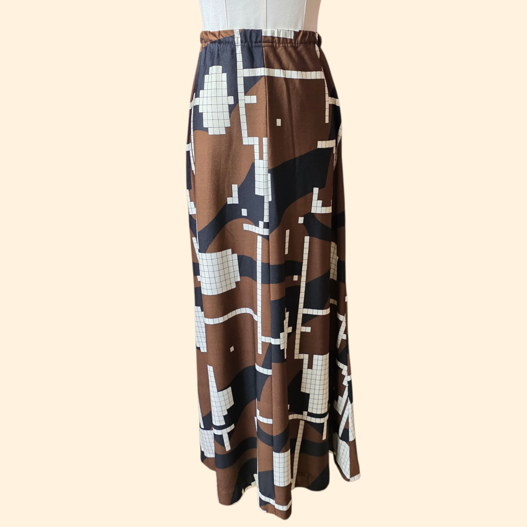 1960s Op-Art Print A-Line Maxi Skirt ~ Small Medium ~ Mod Brown Black White