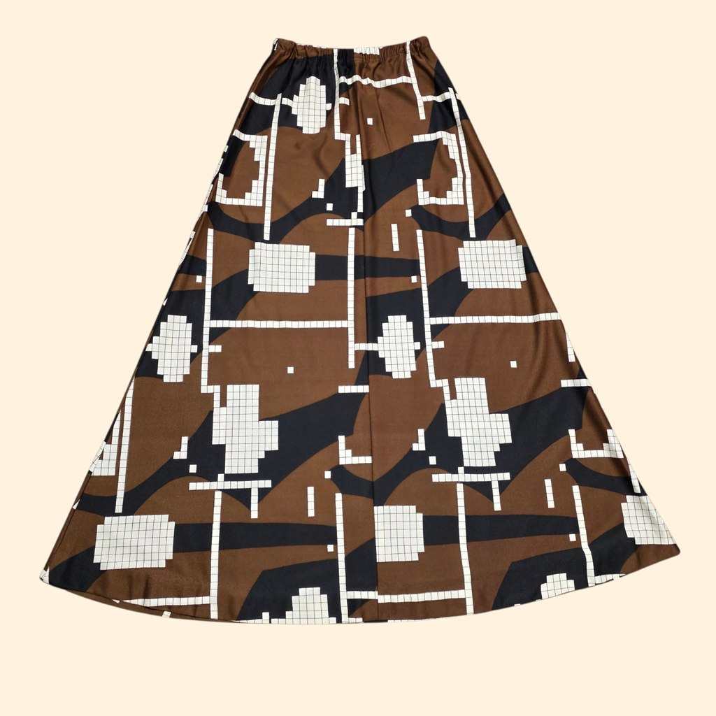 1960s Op-Art Print A-Line Maxi Skirt ~ Small Medium ~ Mod Brown Black White