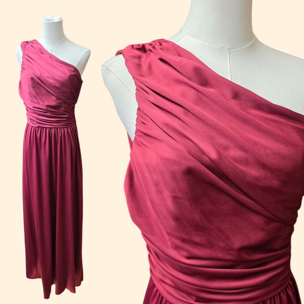 1970s Mauve One Shoulder Grecian Gown ~ Small Medium ~ Maxi Dress Goddess Burgundy Magenta Formal