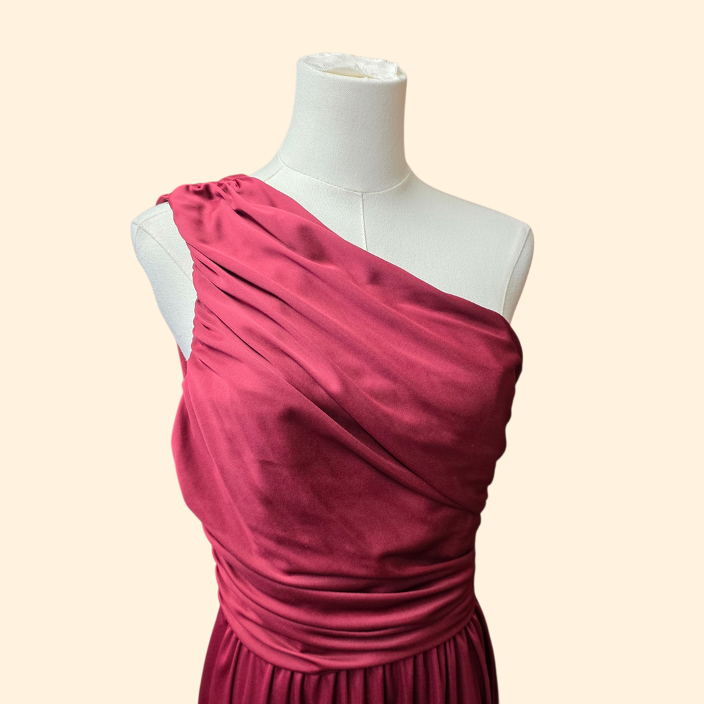 1970s Mauve One Shoulder Grecian Gown ~ Small Medium ~ Maxi Dress Goddess Burgundy Magenta Formal