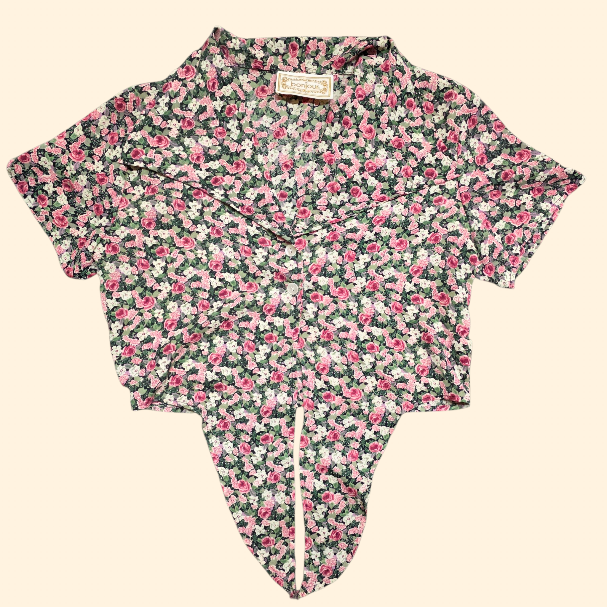 1990s Cropped Tie Front Floral Button Down Shirt ~ Small ~ Bonjour Rose Print Short Sleeve