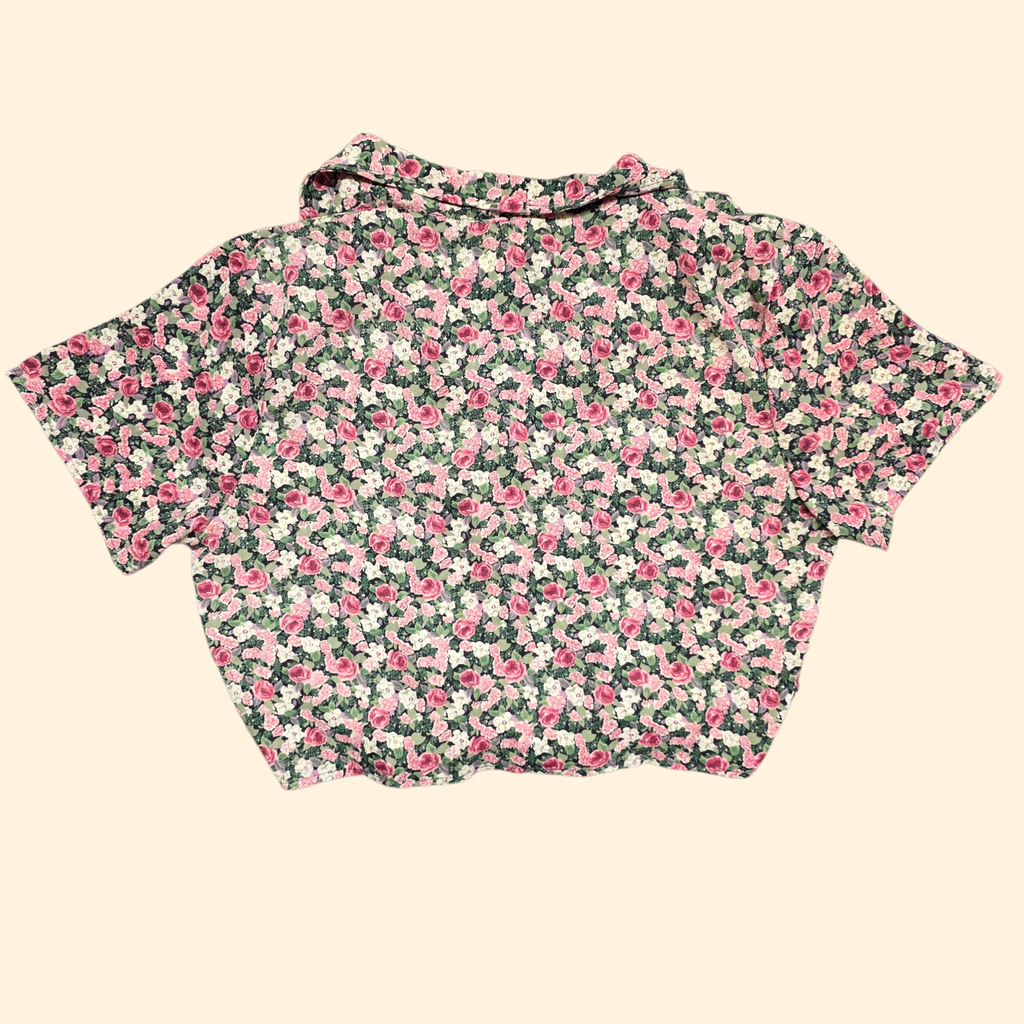1990s Cropped Tie Front Floral Button Down Shirt ~ Small ~ Bonjour Rose Print Short Sleeve