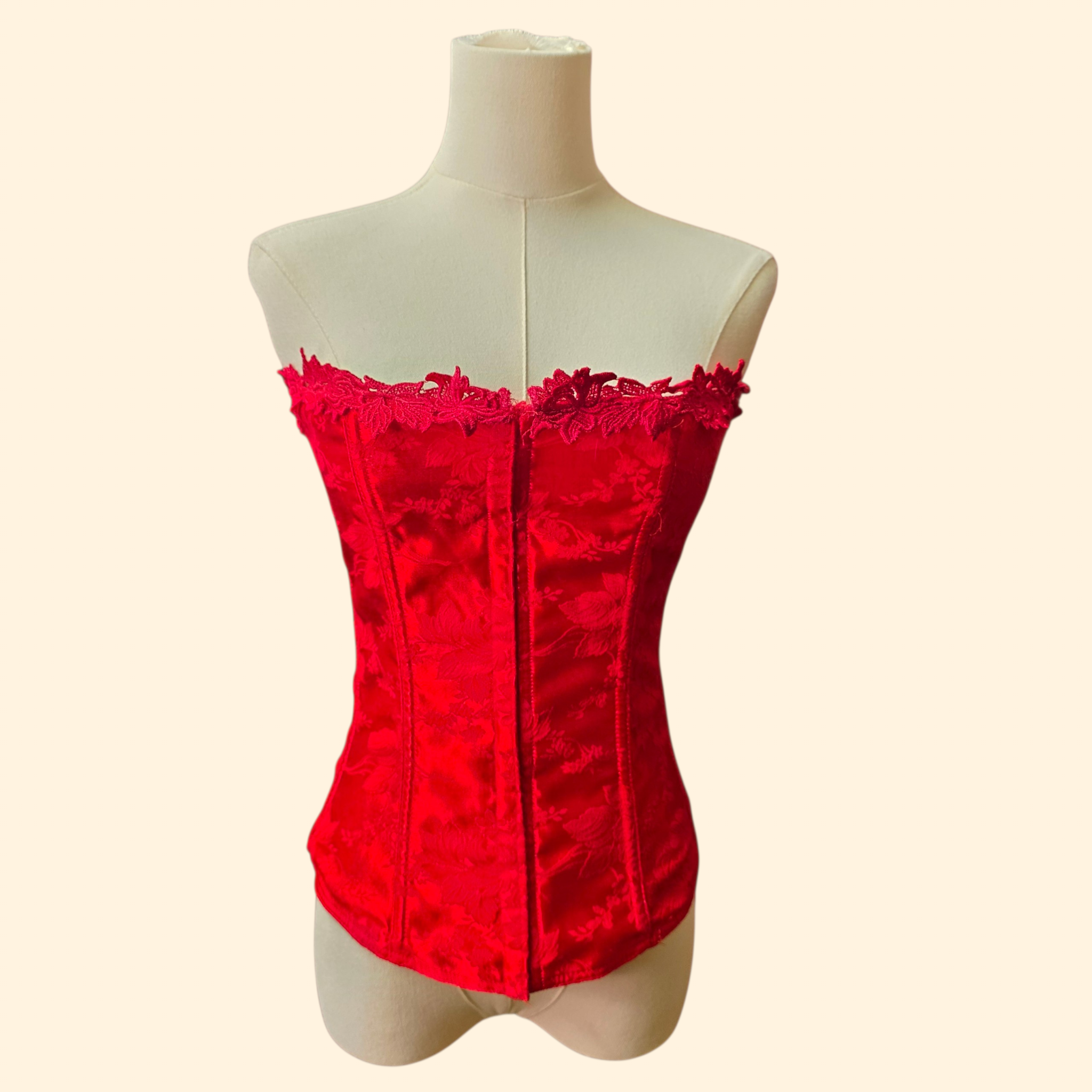 1990s Red Floral Brocade Corset ~ Large Extra Large