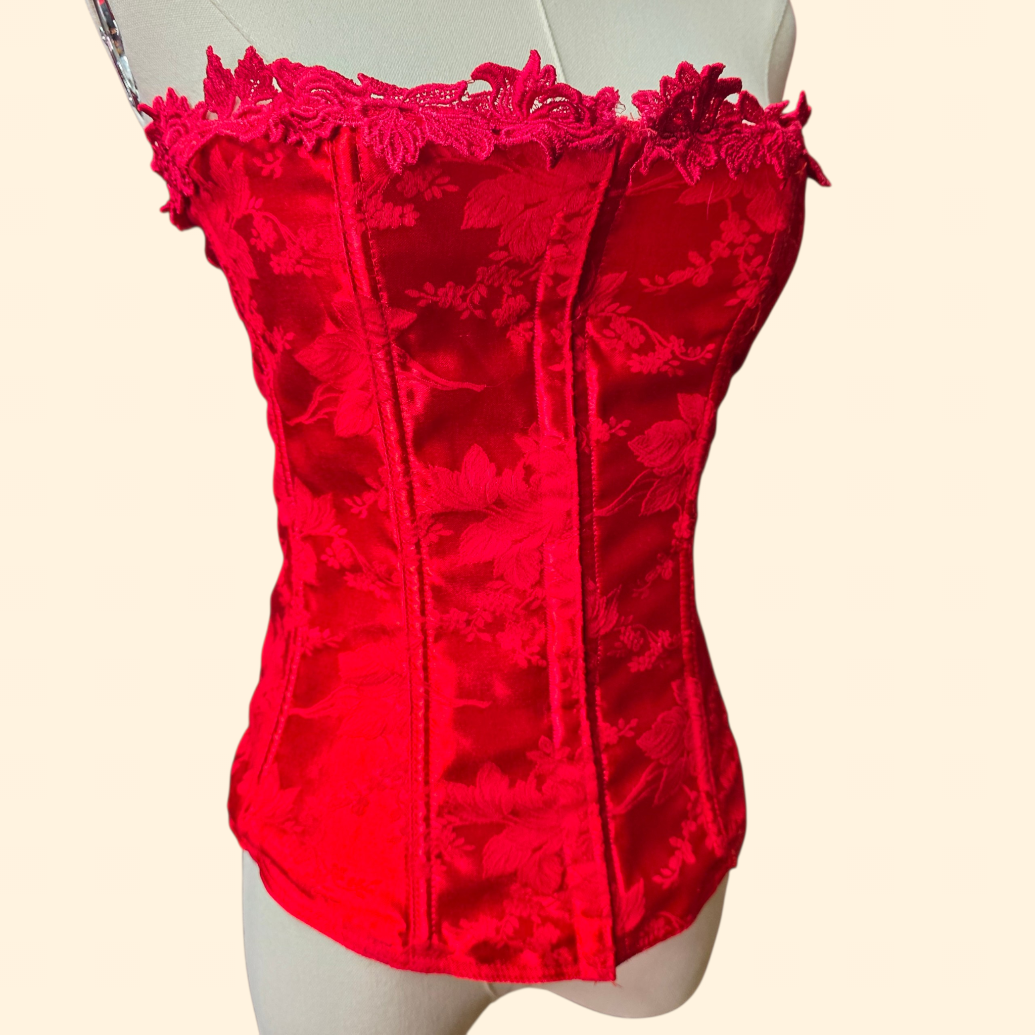 1990s Red Floral Brocade Corset ~ Large Extra Large