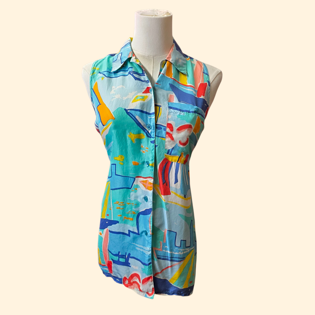 1990s Oscar de la Renta Boat Print Silk Sleeveless Shirt ~ Small ~ Nautical Abstract