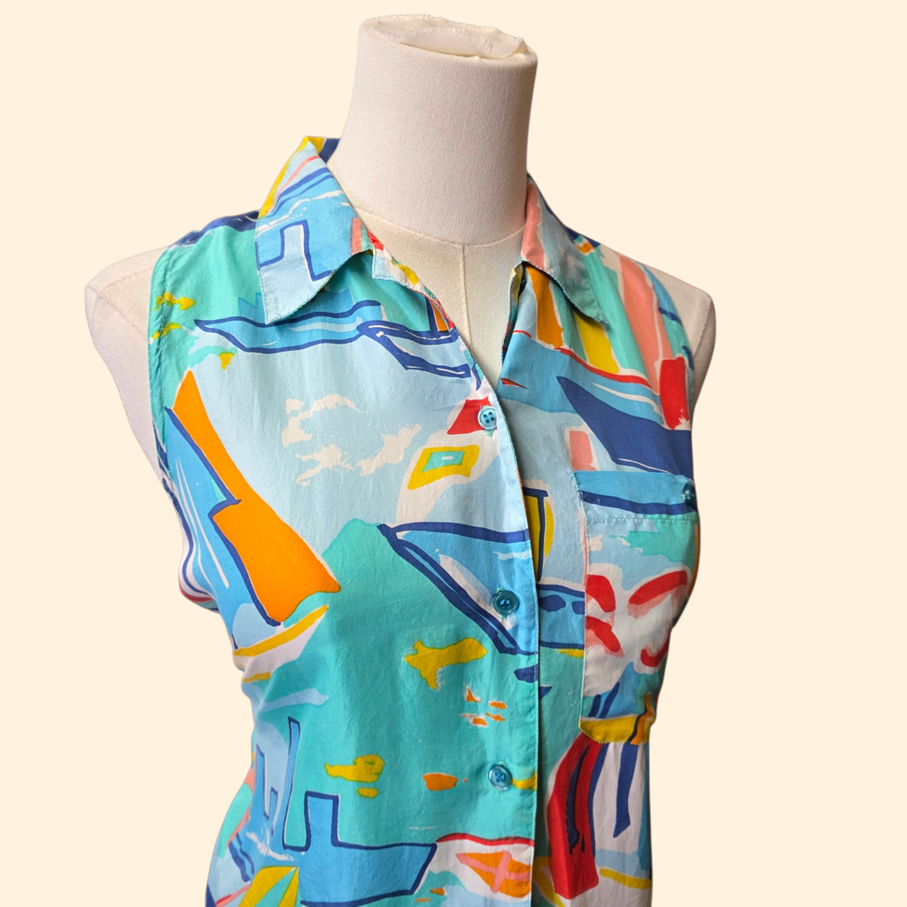 1990s Oscar de la Renta Boat Print Silk Sleeveless Shirt ~ Small ~ Nautical Abstract
