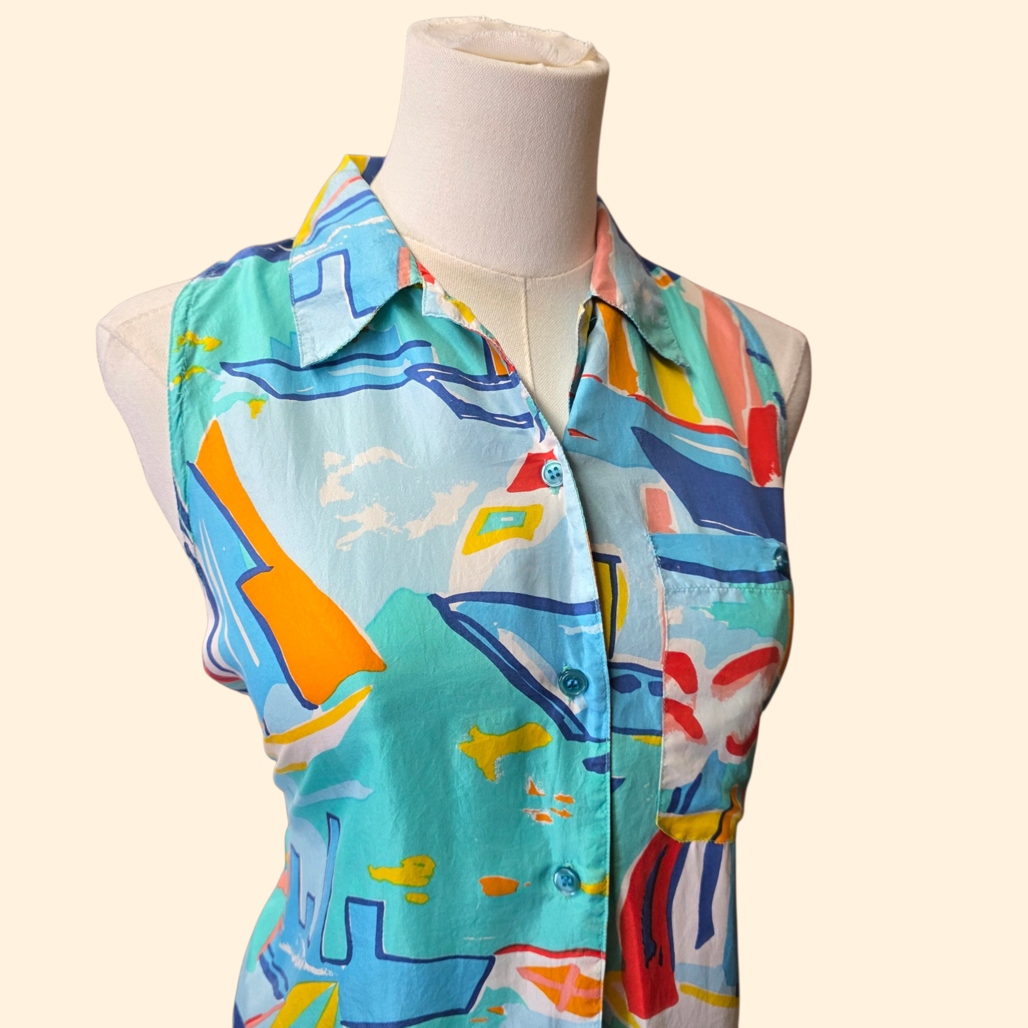1990s Oscar de la Renta Boat Print Silk Sleeveless Shirt ~ Small ~ Nautical Abstract