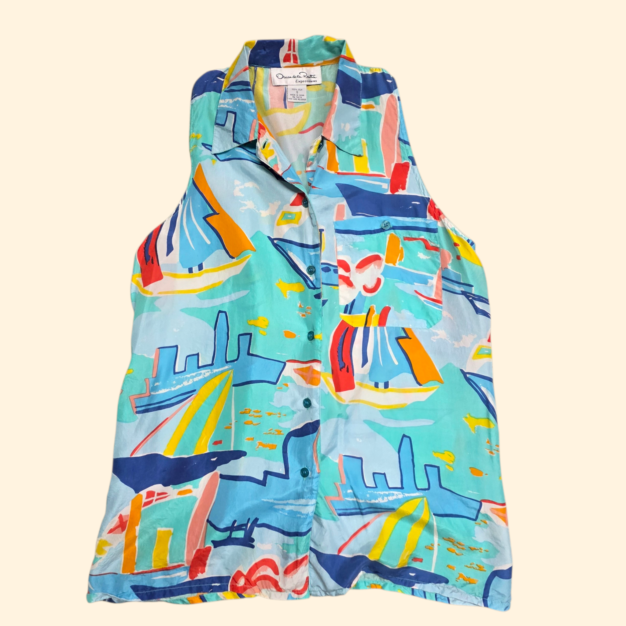 1990s Oscar de la Renta Boat Print Silk Sleeveless Shirt ~ Small ~ Nautical Abstract