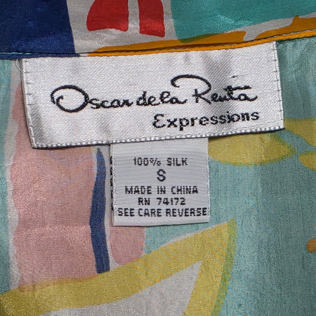 1990s Oscar de la Renta Boat Print Silk Sleeveless Shirt ~ Small ~ Nautical Abstract