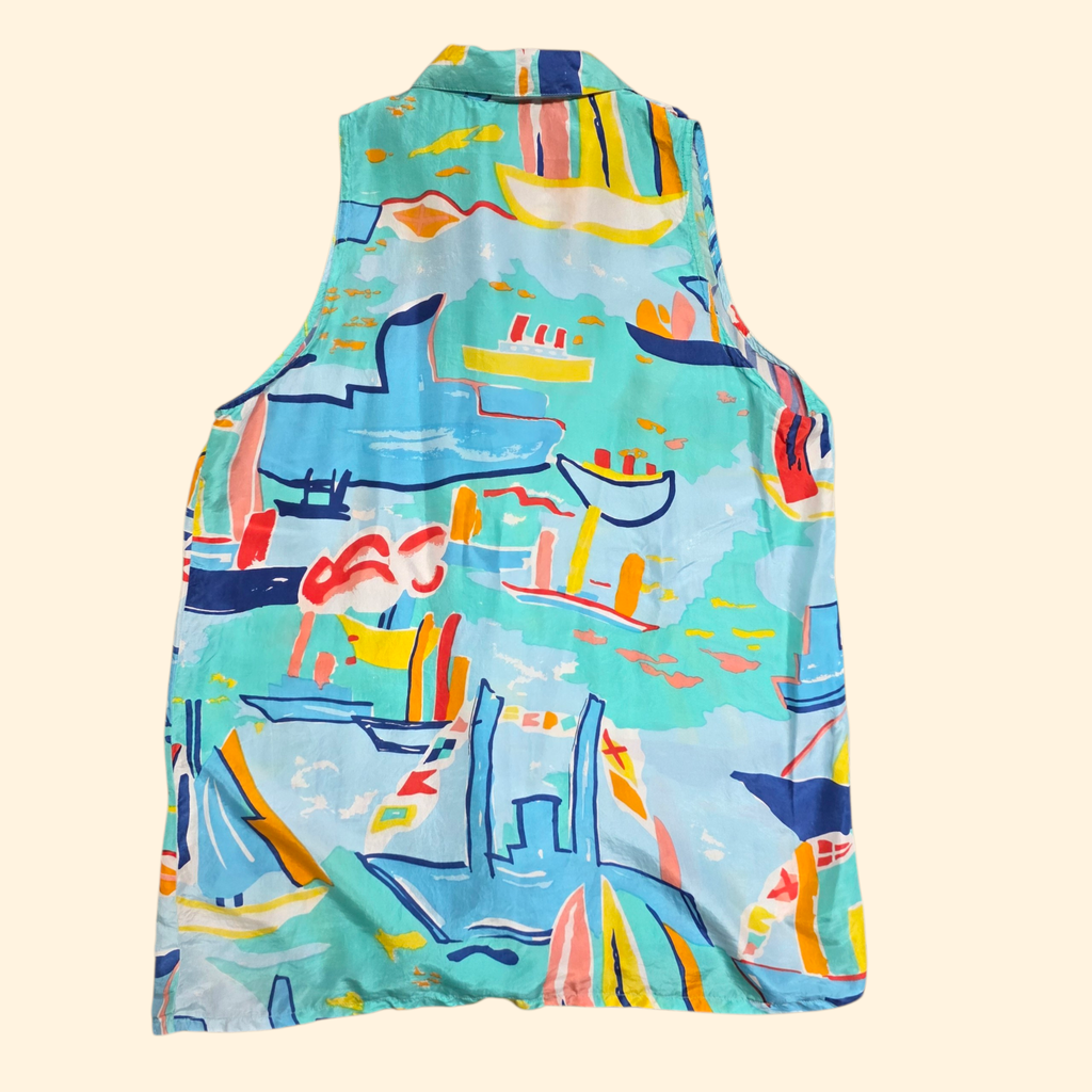 1990s Oscar de la Renta Boat Print Silk Sleeveless Shirt ~ Small ~ Nautical Abstract