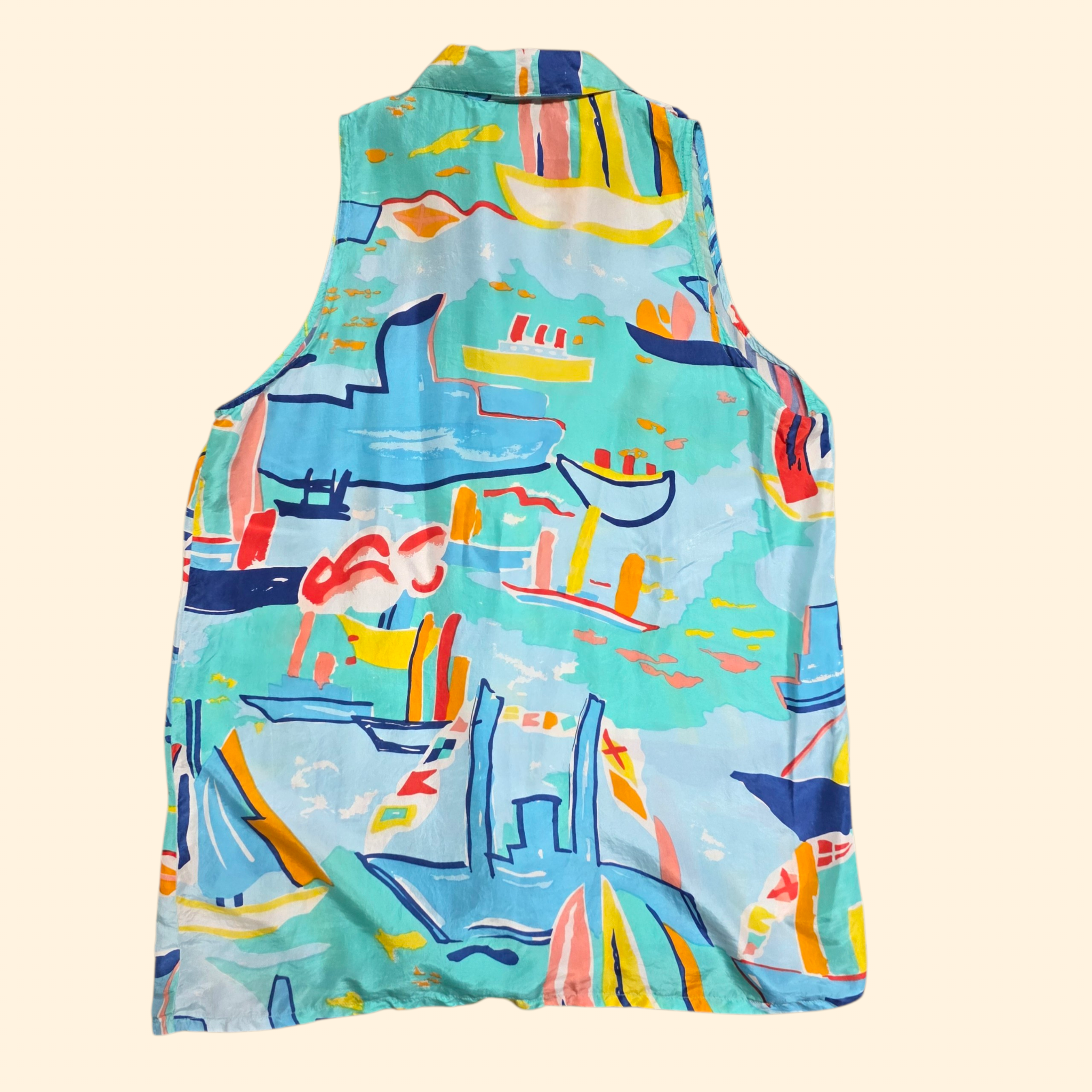 1990s Oscar de la Renta Boat Print Silk Sleeveless Shirt ~ Small ~ Nautical Abstract