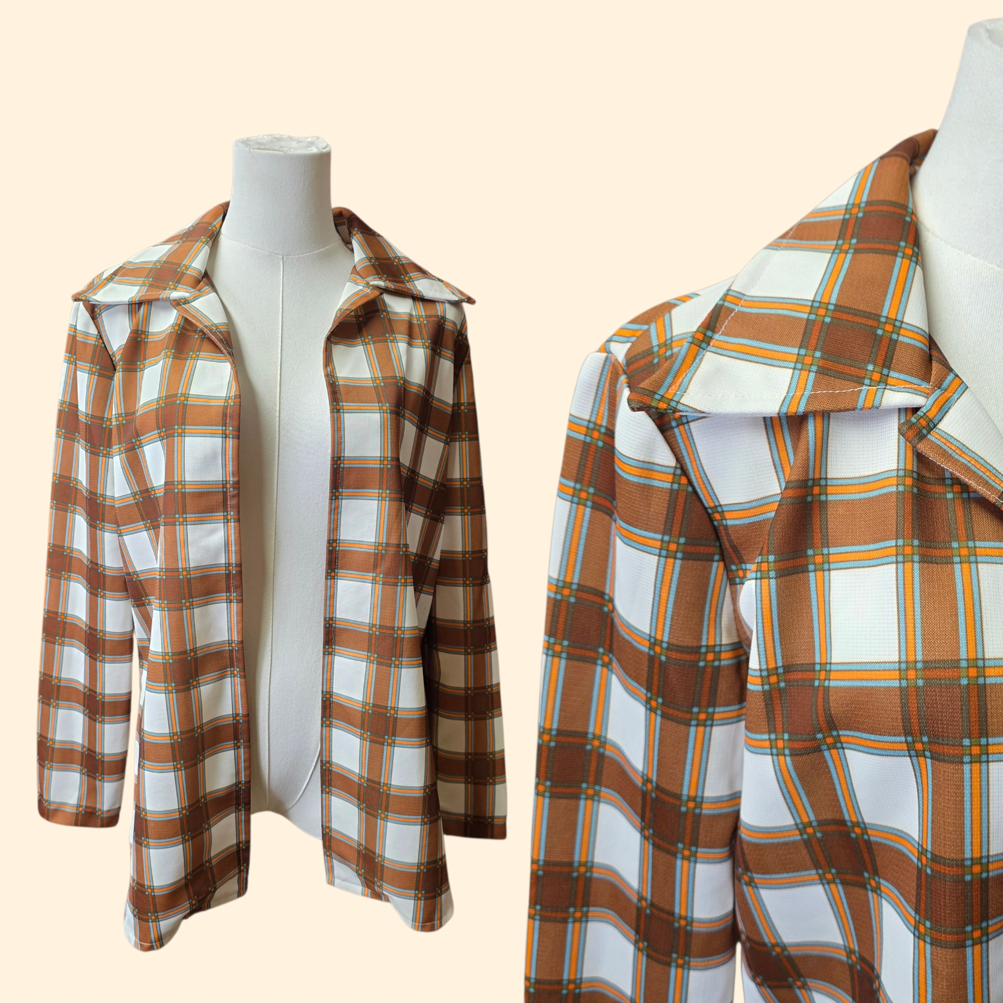 1960s Brown Plaid Buttonless Dagger Collar Shirt ~ Medium ~ Blazer