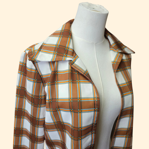 1960s Brown Plaid Buttonless Dagger Collar Shirt ~ Medium ~ Blazer