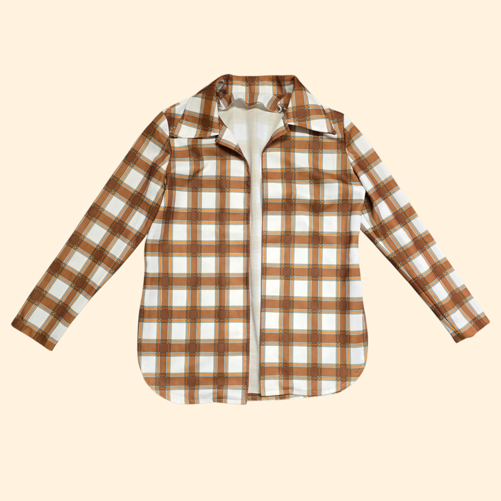 1960s Brown Plaid Buttonless Dagger Collar Shirt ~ Medium ~ Blazer