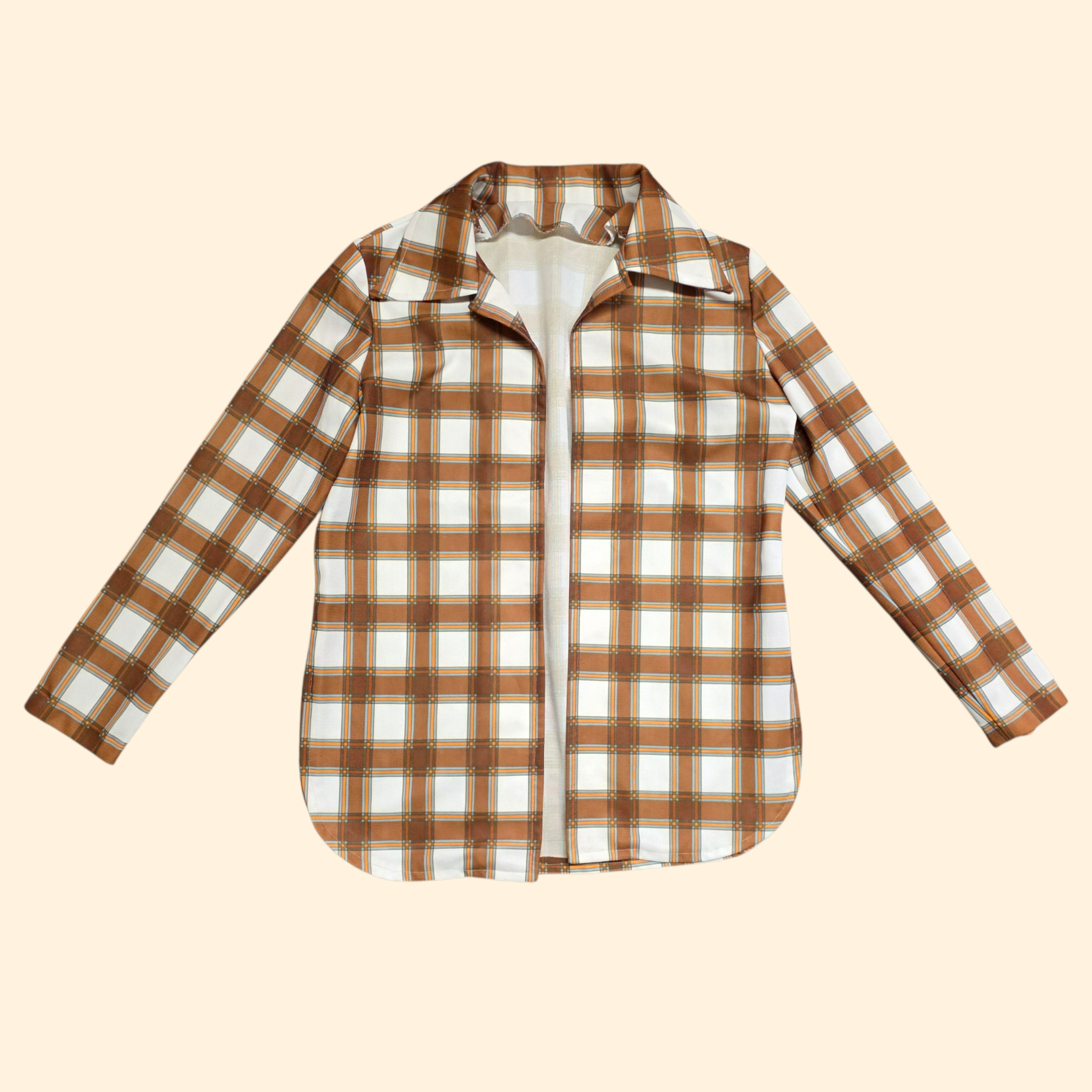 1960s Brown Plaid Buttonless Dagger Collar Shirt ~ Medium ~ Blazer