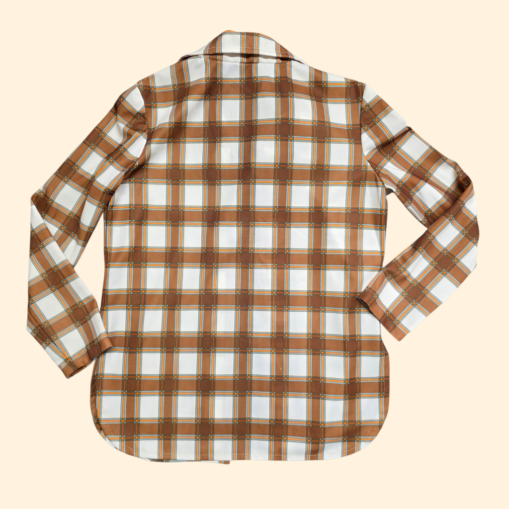 1960s Brown Plaid Buttonless Dagger Collar Shirt ~ Medium ~ Blazer