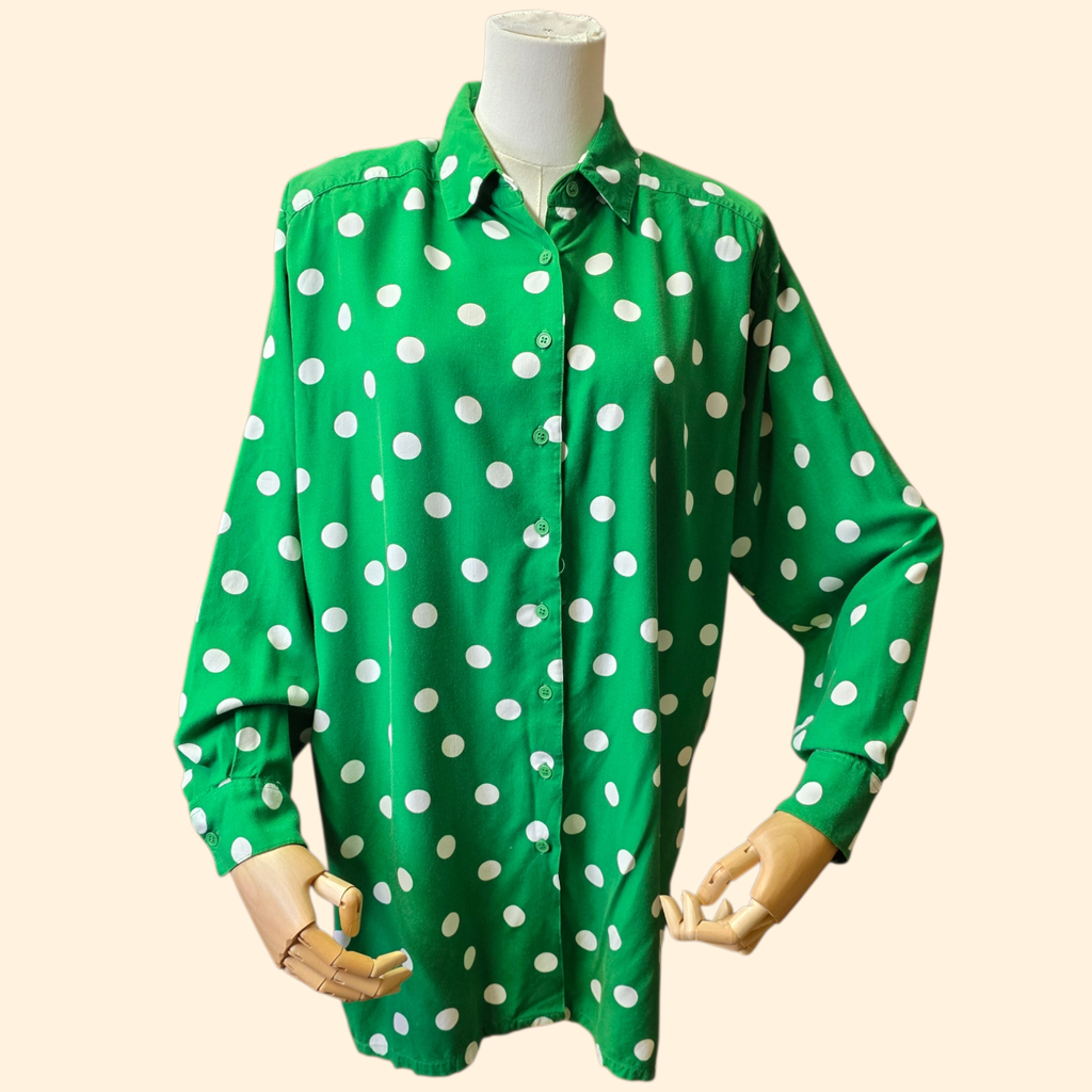1990s Green and White Polka Dot Oversized Button Down Shirt ~ Extra Large ~ Long Sleeve Carolina Colours