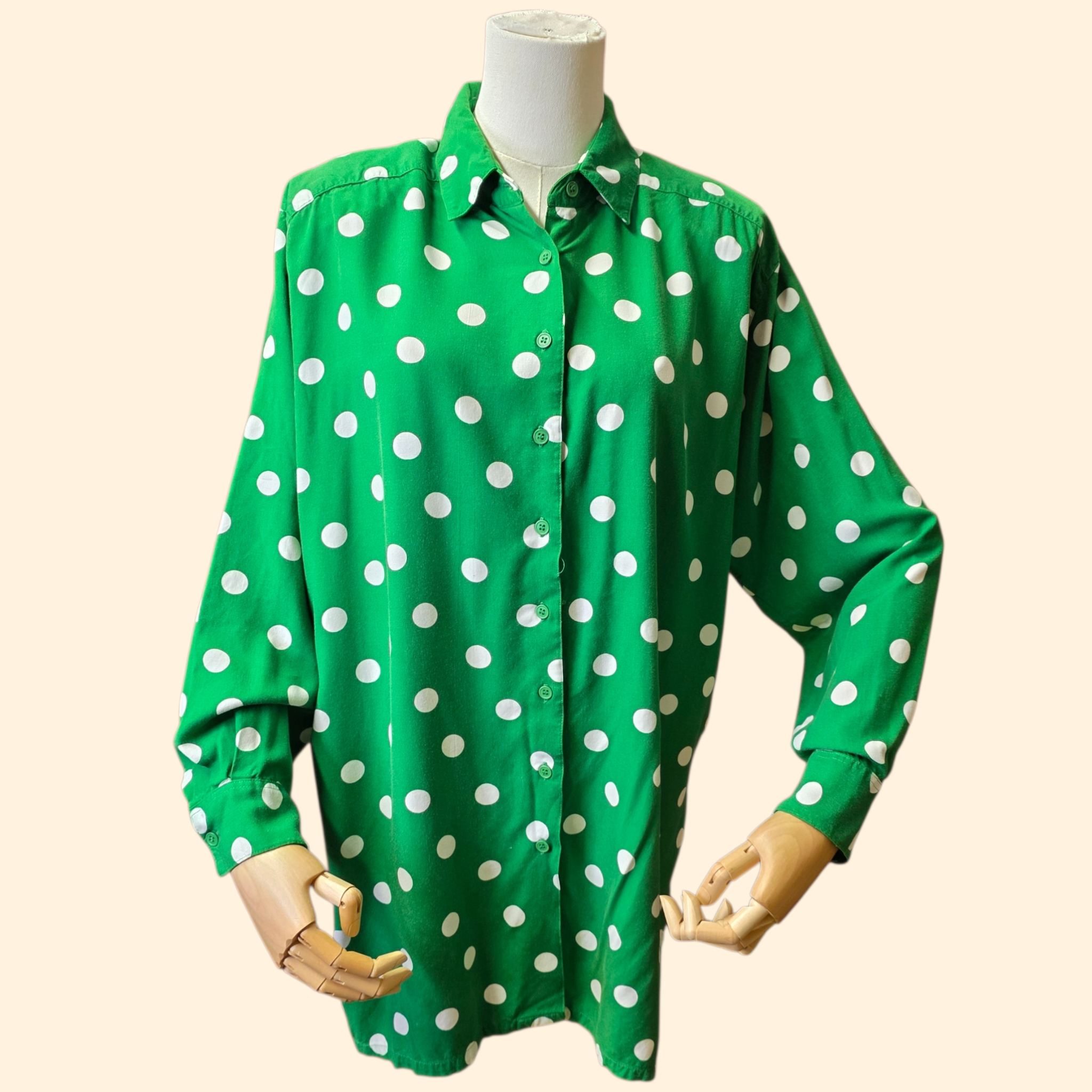 1990s Green and White Polka Dot Oversized Button Down Shirt ~ Extra Large ~ Long Sleeve Carolina Colours