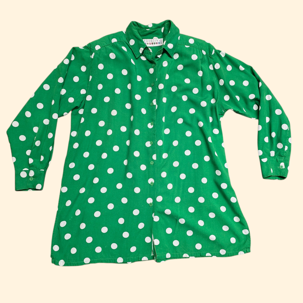 1990s Green and White Polka Dot Oversized Button Down Shirt ~ Extra Large ~ Long Sleeve Carolina Colours