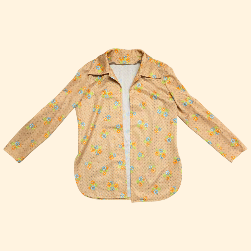 1960s Floral Print Buttonless Dagger Collar Shirt ~ Medium ~ Blazer