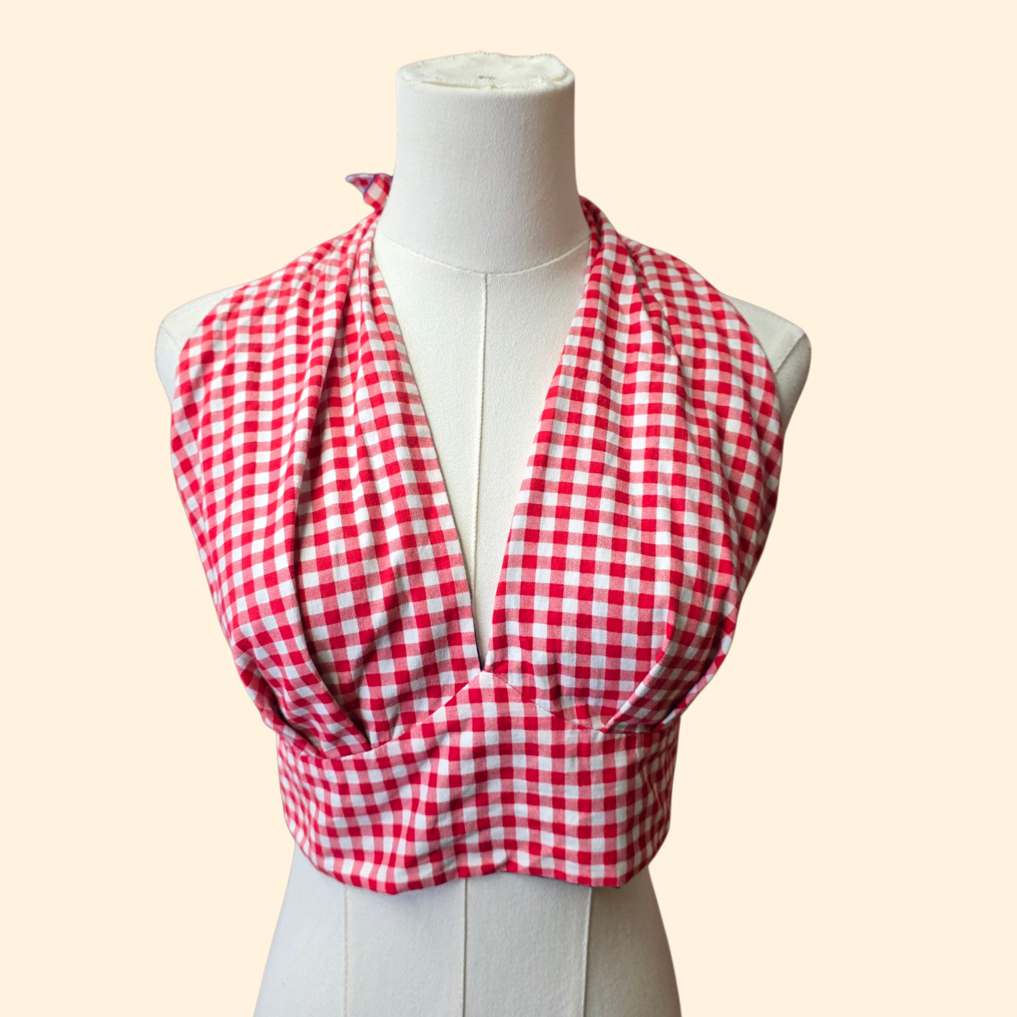 1970s Reversible Red Gingham and Navy Halter Top ~ Small Medium Large ~ Rockabilly