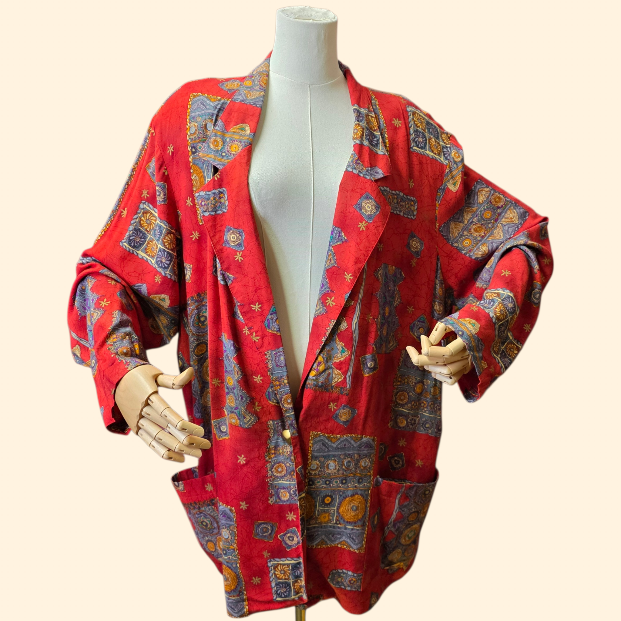 1980s Oversized Crazy Print Blazer ~ Extra Large 2XL ~ Red Boho Batik Dolman Sleeve Plus