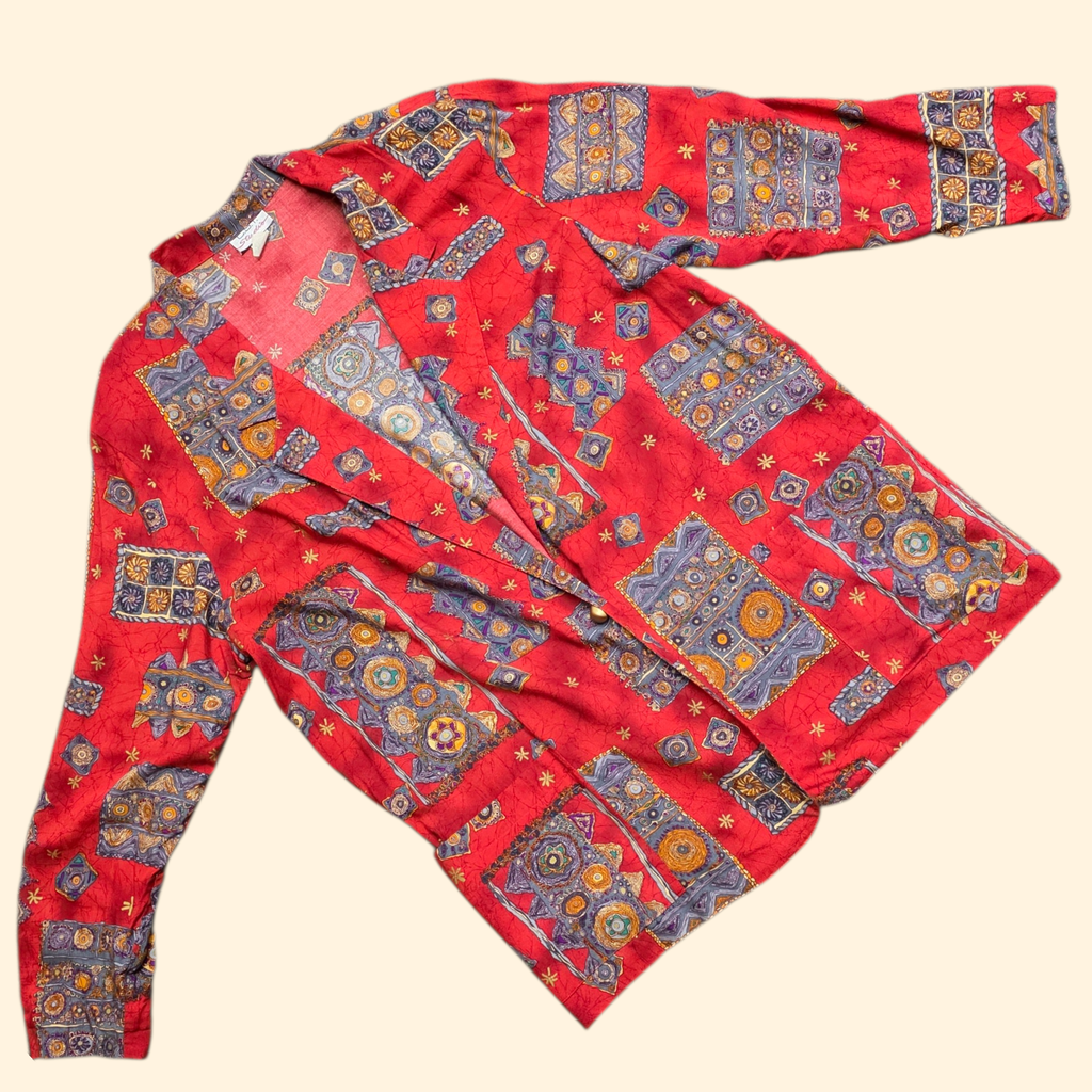 1980s Oversized Crazy Print Blazer ~ Extra Large 2XL ~ Red Boho Batik Dolman Sleeve Plus