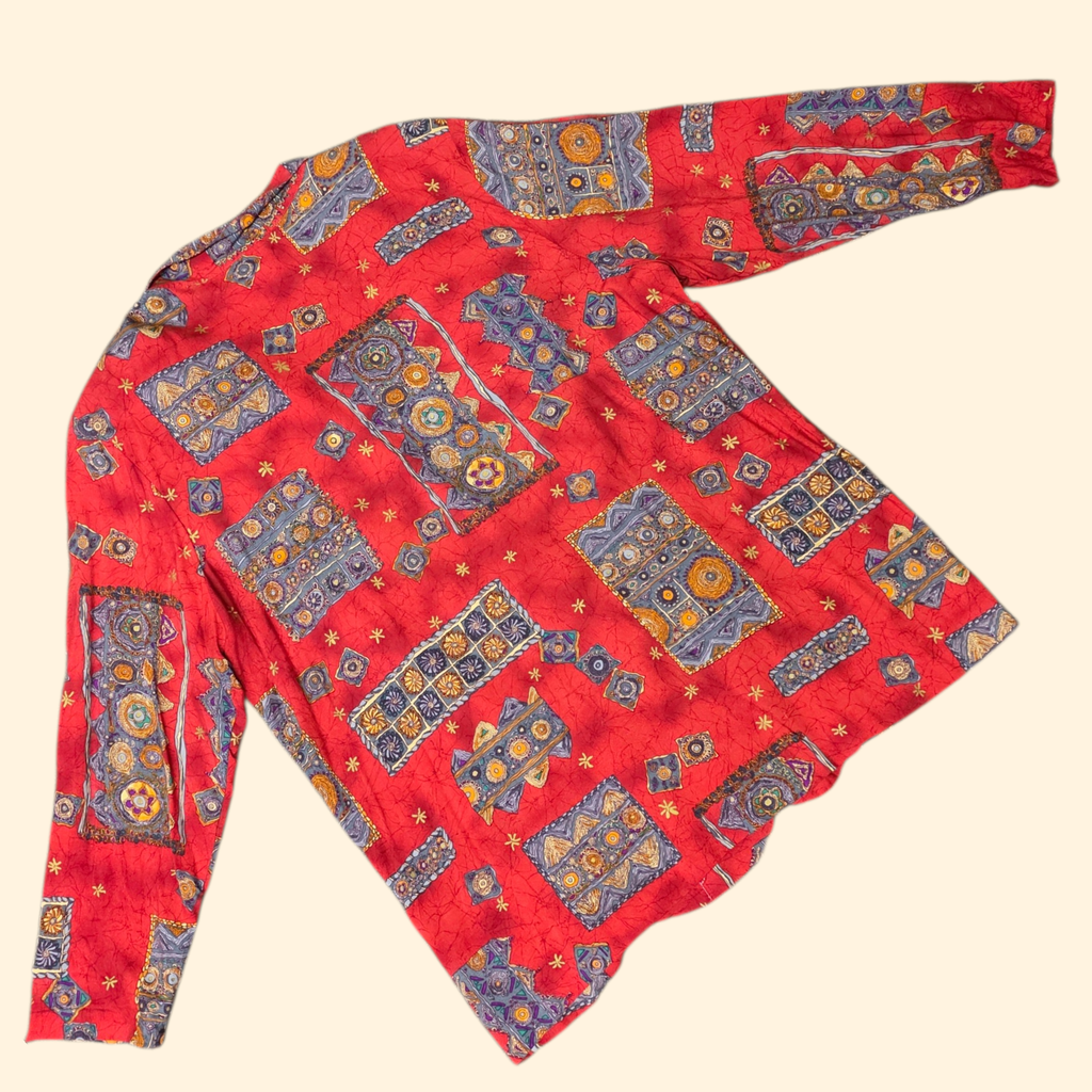 1980s Oversized Crazy Print Blazer ~ Extra Large 2XL ~ Red Boho Batik Dolman Sleeve Plus