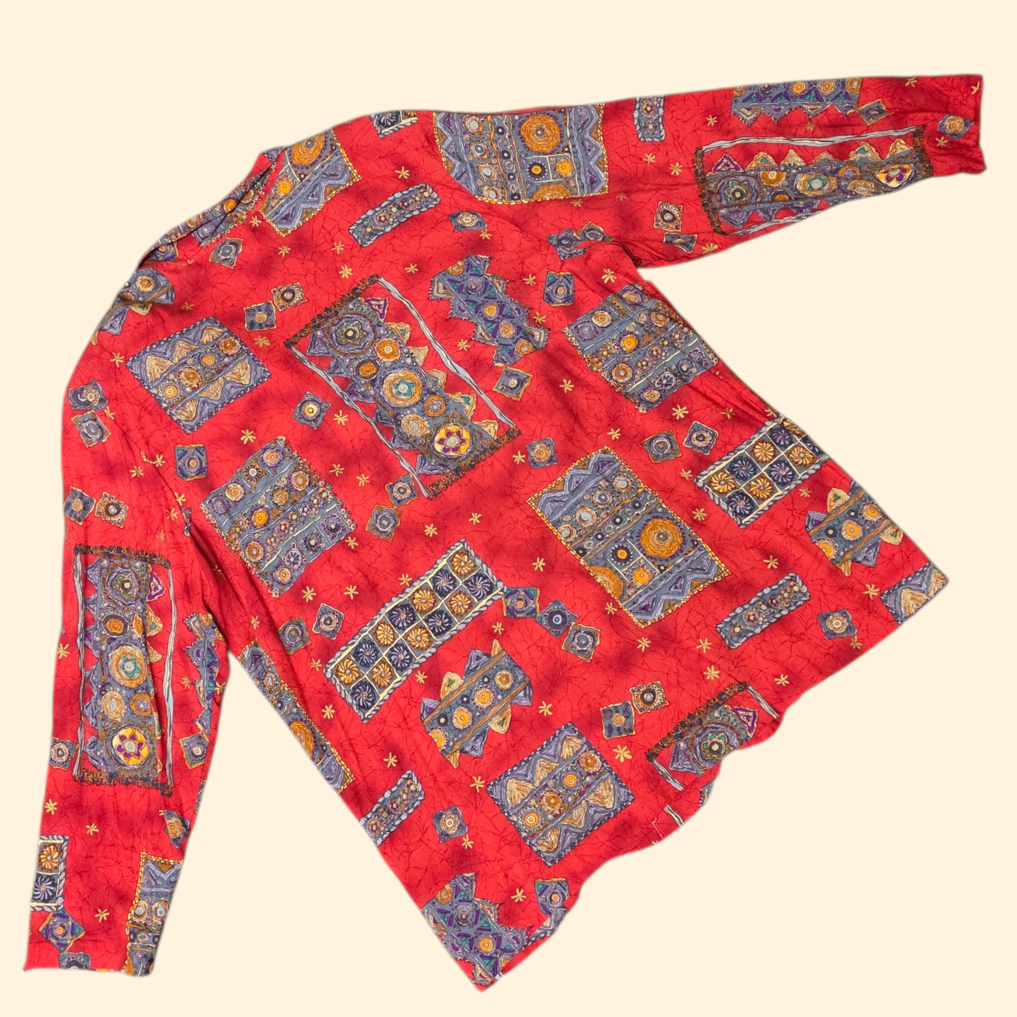 1980s Oversized Crazy Print Blazer ~ Extra Large 2XL ~ Red Boho Batik Dolman Sleeve Plus