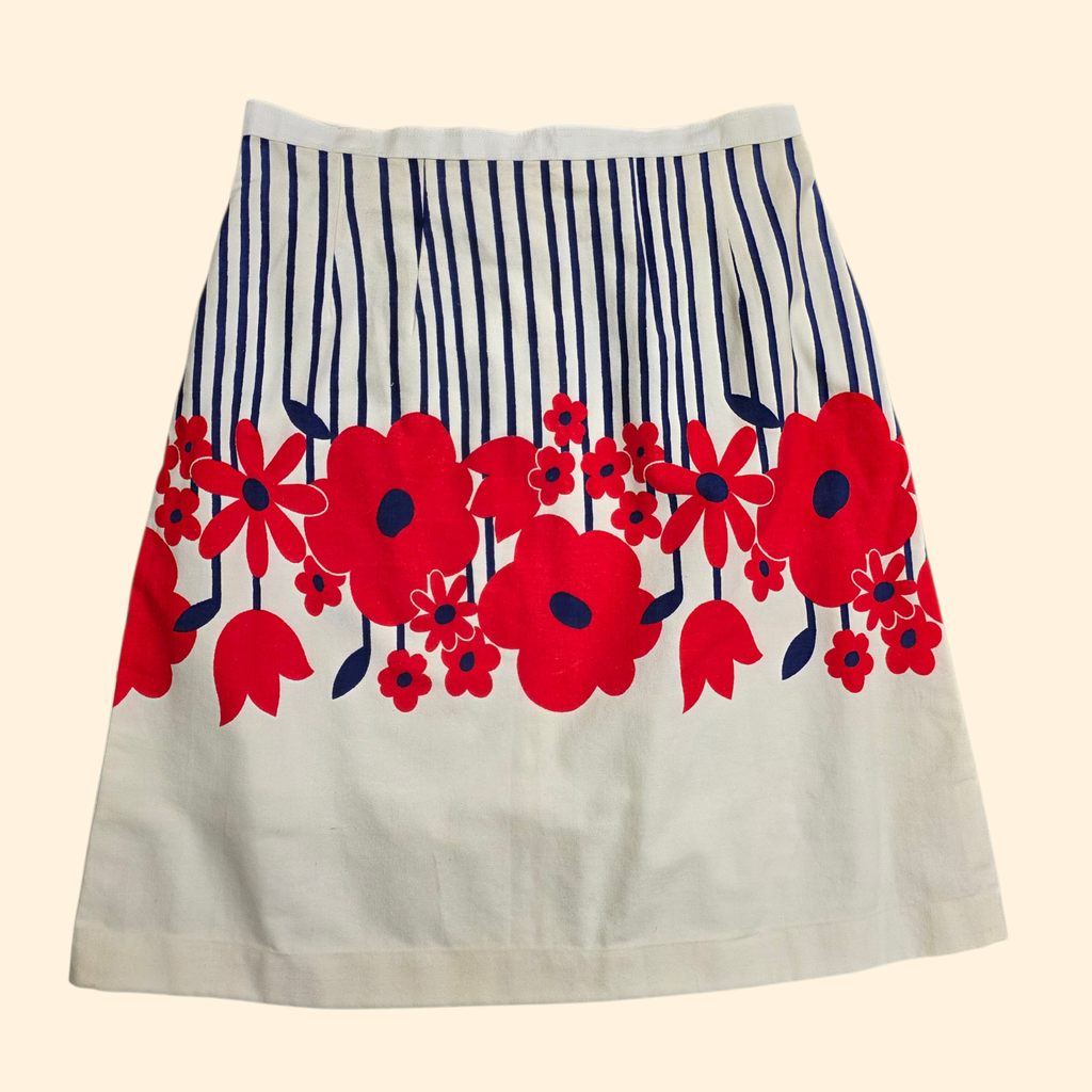 1960s Flower Power Red White and Blue Midi Skirt ~ Medium Large