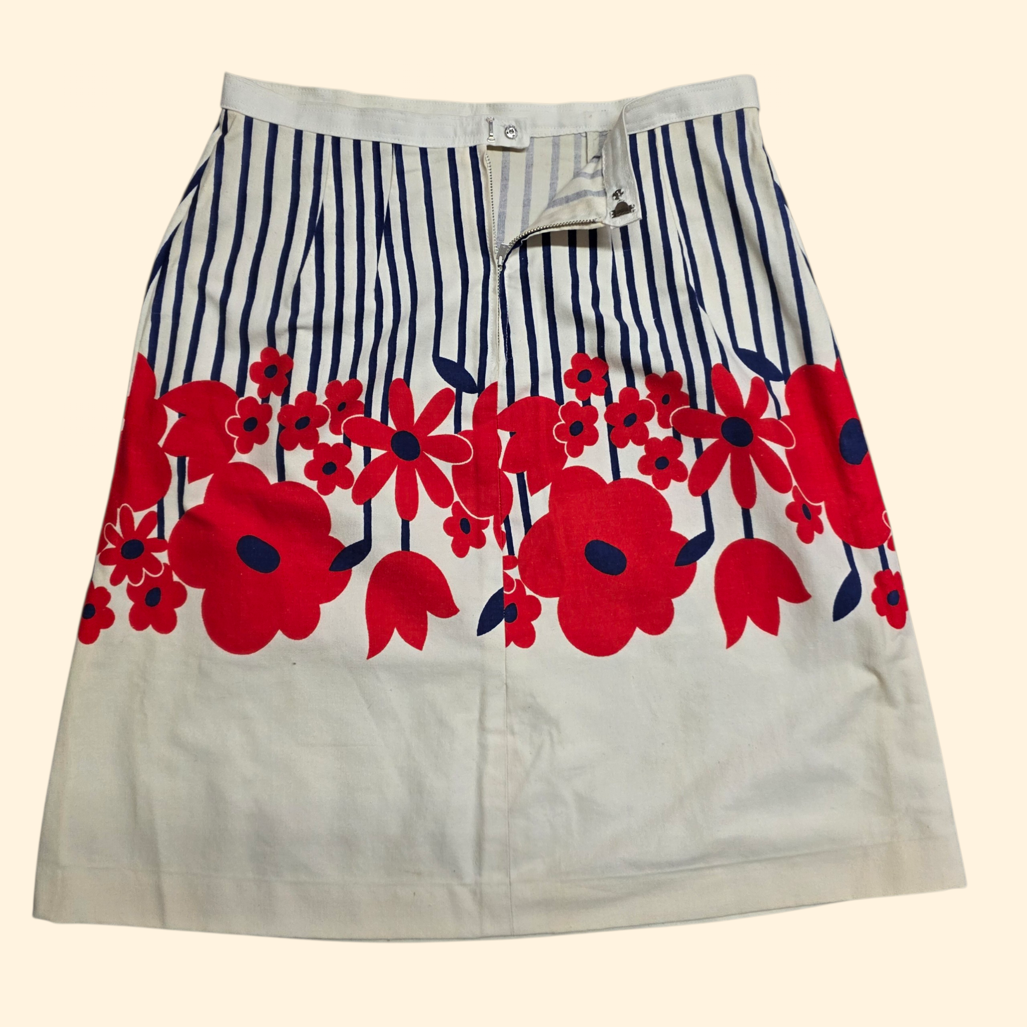 1960s Flower Power Red White and Blue Midi Skirt ~ Medium Large