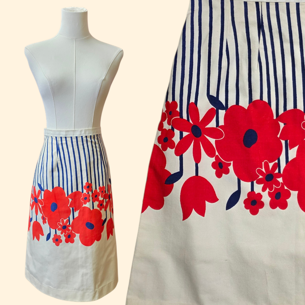 1960s Flower Power Red White and Blue Midi Skirt ~ Medium Large